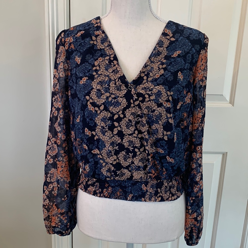 Japna Size S faux wrap blouse with sheer sleeves and gathered waist